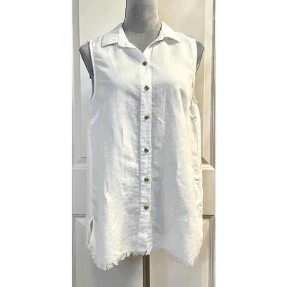 Beach Lunch Lounge 100% Linen Sleeveless Button Tunic Top Fringe Womens Small - Picture 1 of 6
